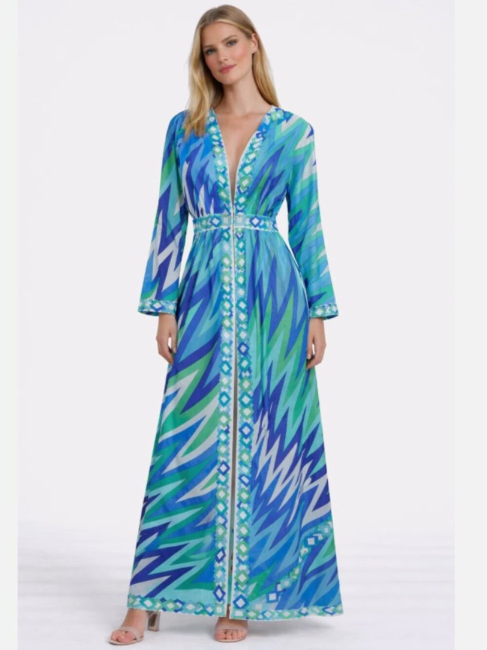 EMILIO PUCCI Formfit Rogers Mod Print Kimono Robe Open Maxi Dress Gown S = 10-12